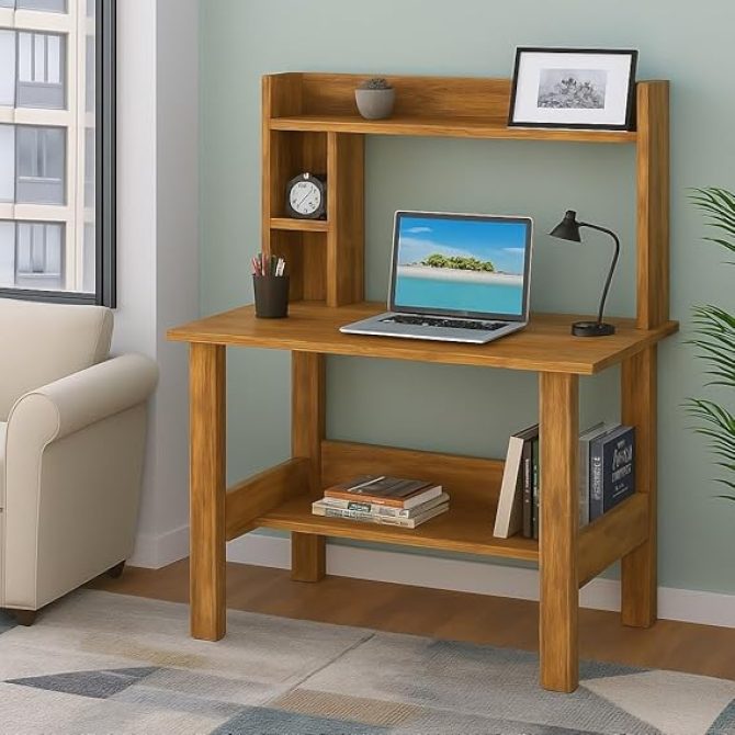 Wooden Study Table with Hutch & Bottom Storage